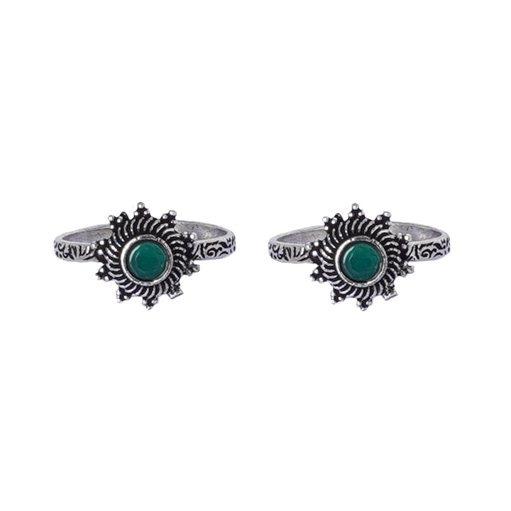 Teejh Aashvi Green Stone Silver Oxidised Toe Rings