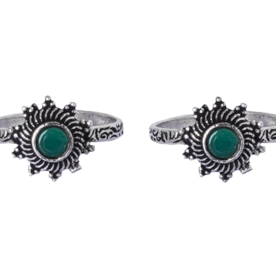 Teejh Aashvi Green Stone Silver Oxidised Toe Rings