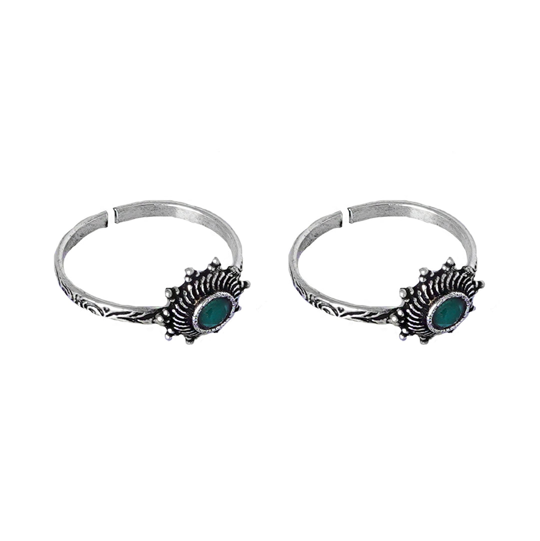 Teejh Aashvi Green Stone Silver Oxidised Toe Rings
