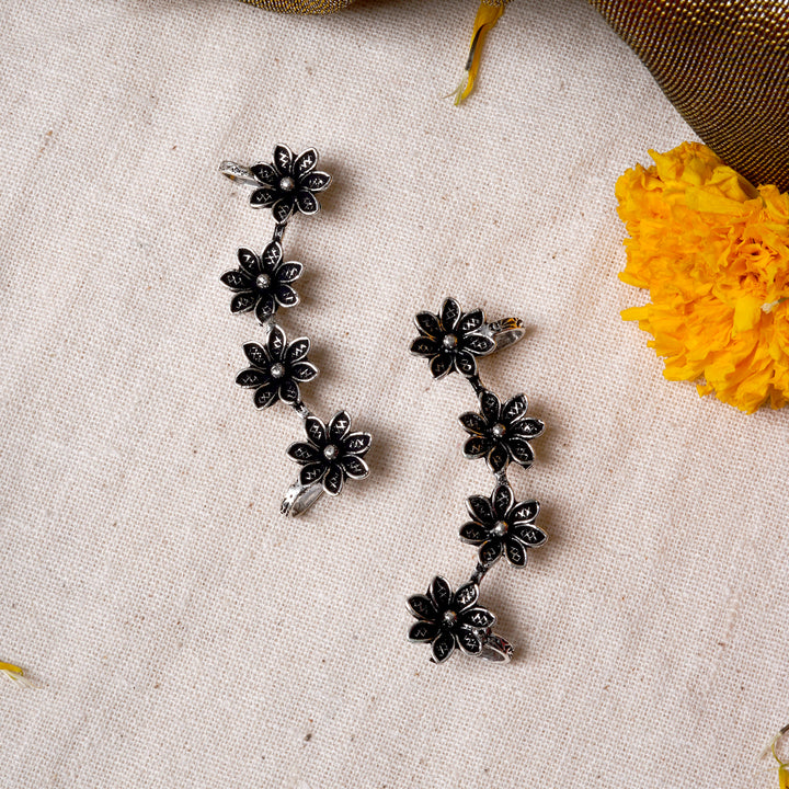 Teejh Ekta Silver Oxidised Floral Earcuffs