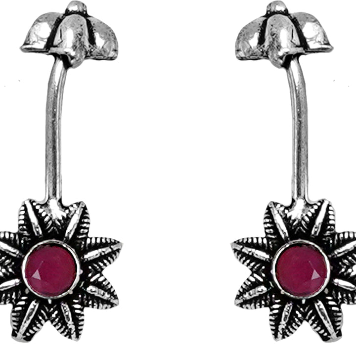 Teejh  Krisha Red Stone Silver Oxidsed Clip On Bugadi