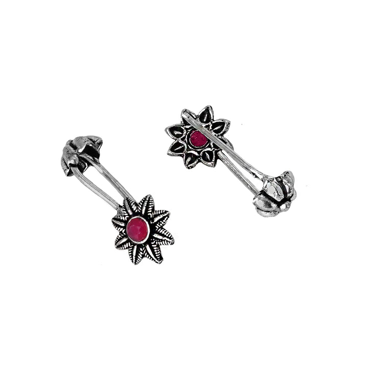 Teejh  Krisha Red Stone Silver Oxidsed Clip On Bugadi