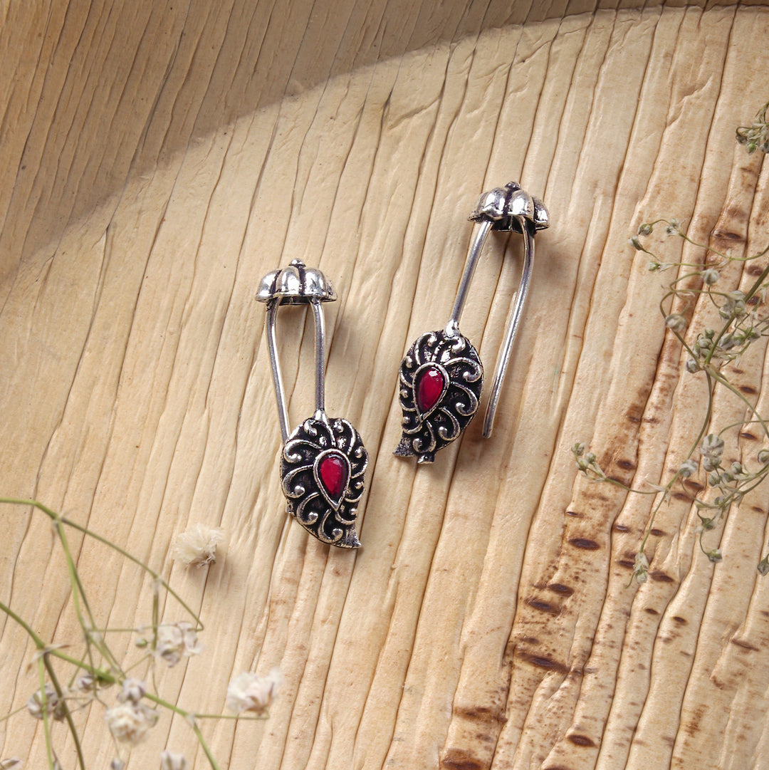 Teejh  Mitali Red Stone Silver Oxidsed Clip On Bugadi