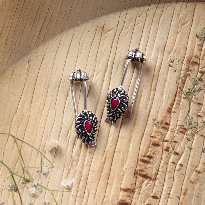 Teejh  Mitali Red Stone Silver Oxidsed Clip On Bugadi
