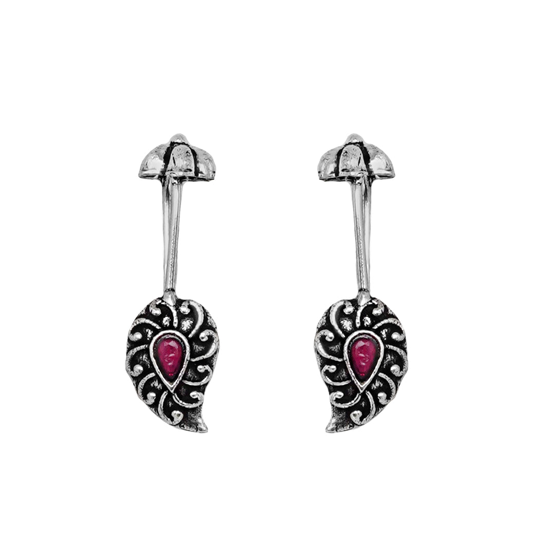 Teejh  Mitali Red Stone Silver Oxidsed Clip On Bugadi