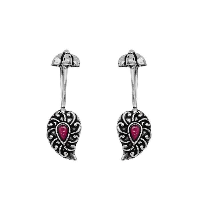 Teejh  Mitali Red Stone Silver Oxidsed Clip On Bugadi