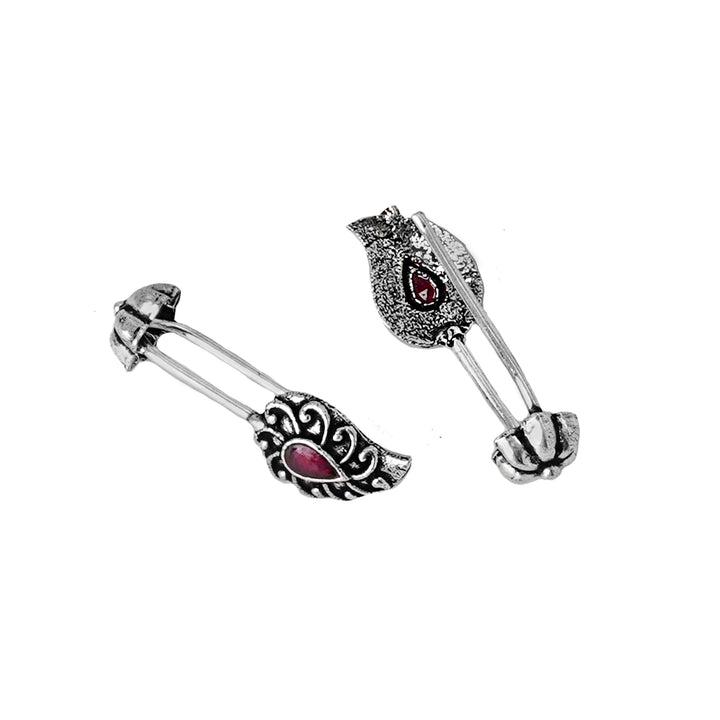 Teejh  Mitali Red Stone Silver Oxidsed Clip On Bugadi