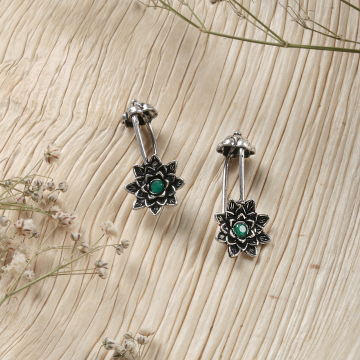 Teejh Ridhima Green Stone Silver Oxidised Clip On Bugadi