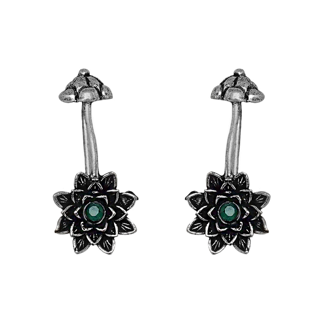 Teejh Ridhima Green Stone Silver Oxidised Clip On Bugadi