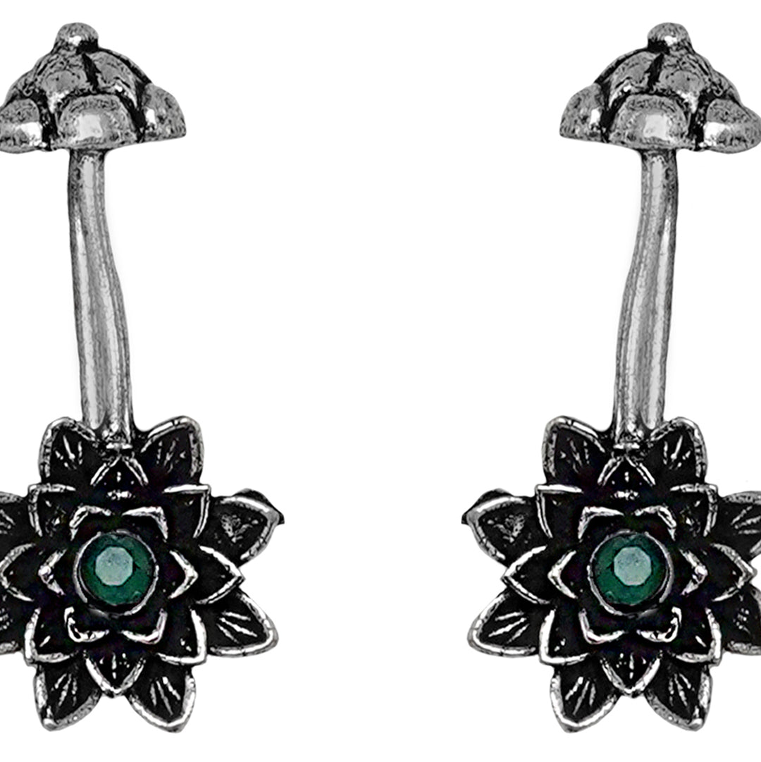 Teejh Ridhima Green Stone Silver Oxidised Clip On Bugadi