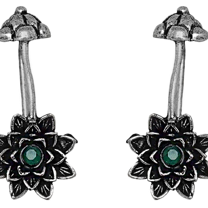 Teejh Ridhima Green Stone Silver Oxidised Clip On Bugadi