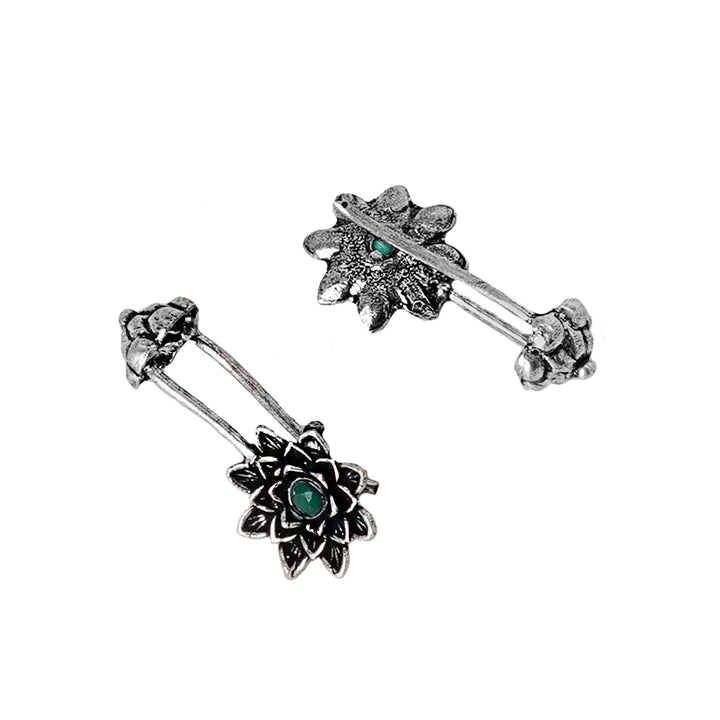 Teejh Ridhima Green Stone Silver Oxidised Clip On Bugadi