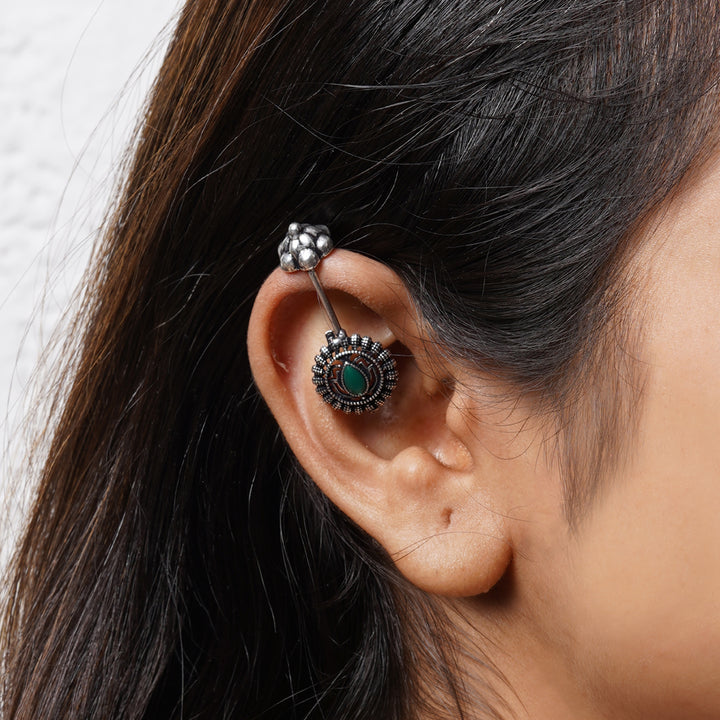 Teejh  Nitara Green Stone Silver Oxidised Clip On Bugadi