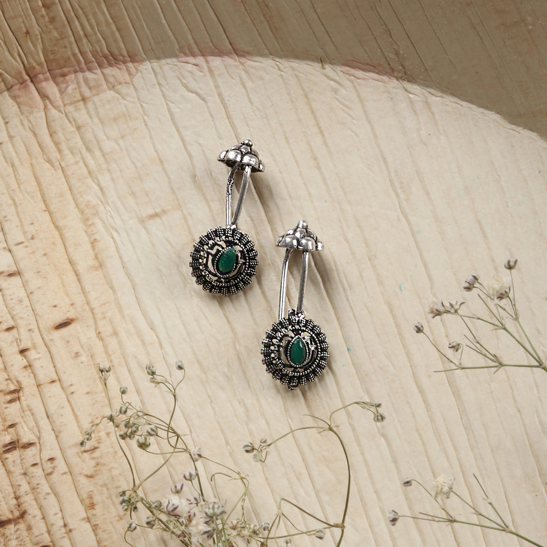 Teejh  Nitara Green Stone Silver Oxidised Clip On Bugadi
