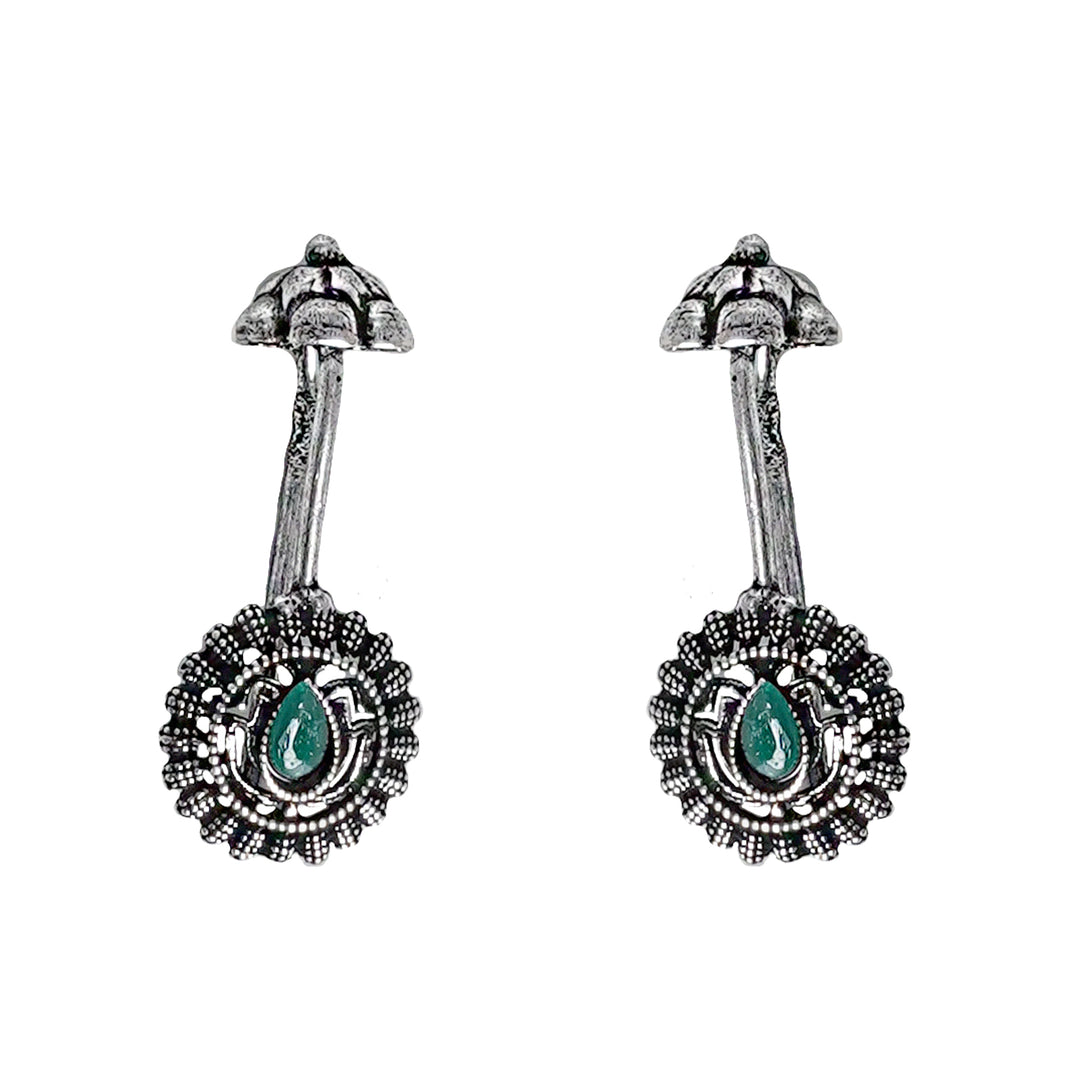 Teejh  Nitara Green Stone Silver Oxidised Clip On Bugadi