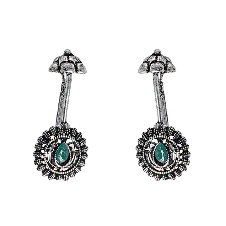 Teejh  Nitara Green Stone Silver Oxidised Clip On Bugadi