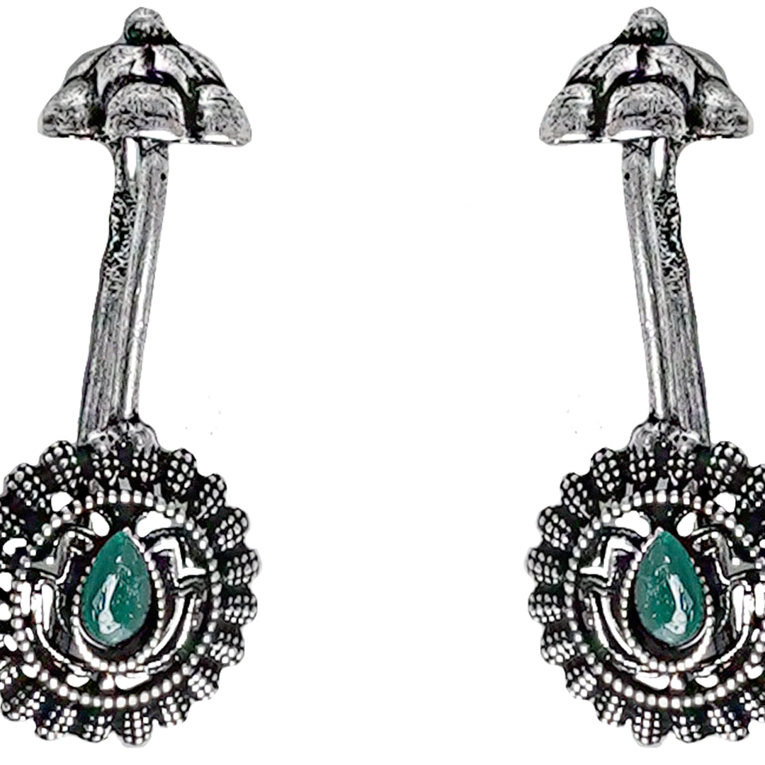 Teejh  Nitara Green Stone Silver Oxidised Clip On Bugadi