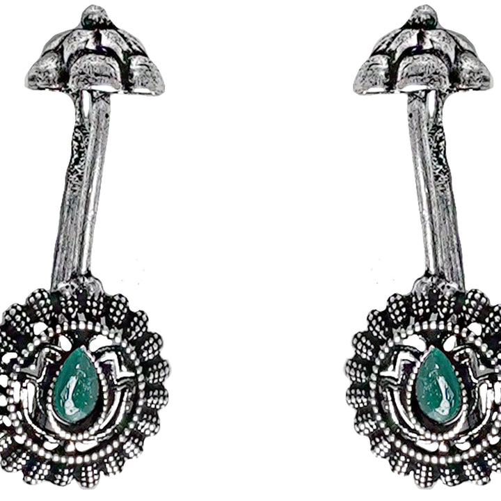 Teejh  Nitara Green Stone Silver Oxidised Clip On Bugadi