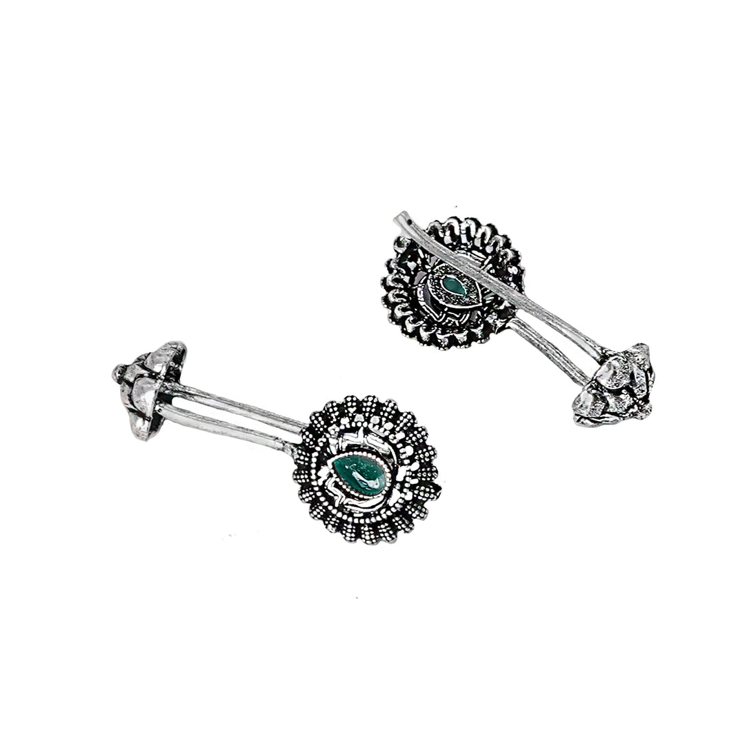 Teejh  Nitara Green Stone Silver Oxidised Clip On Bugadi