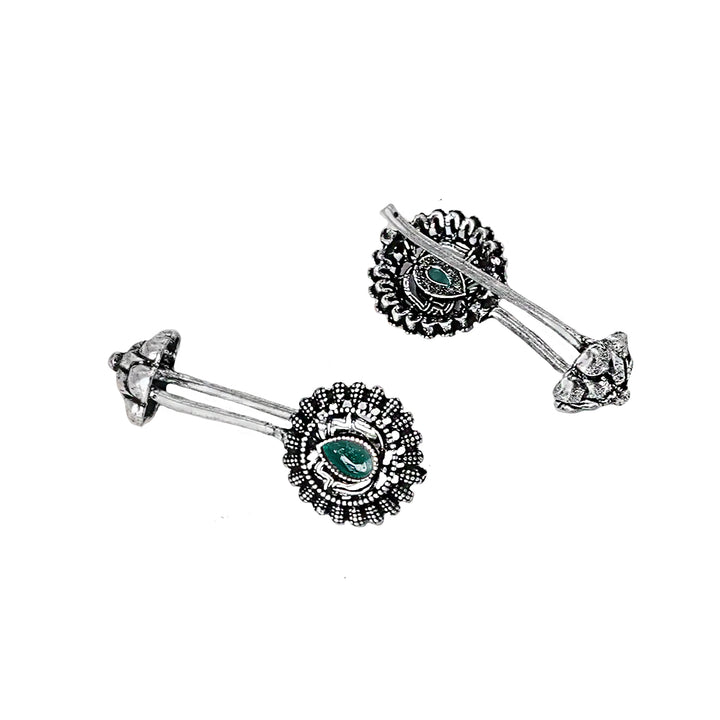 Teejh  Nitara Green Stone Silver Oxidised Clip On Bugadi