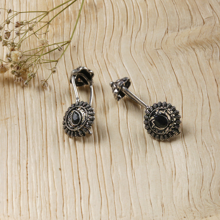Teejh  Nitara Black Stone Silver Oxidised Clip On Bugadi