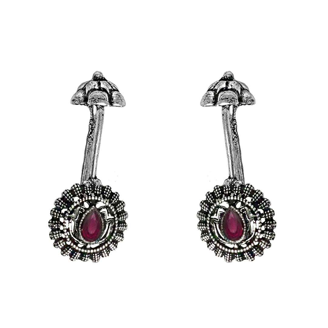 Teejh  Nitara Red Stone Silver Oxidised Clip On Bugadi