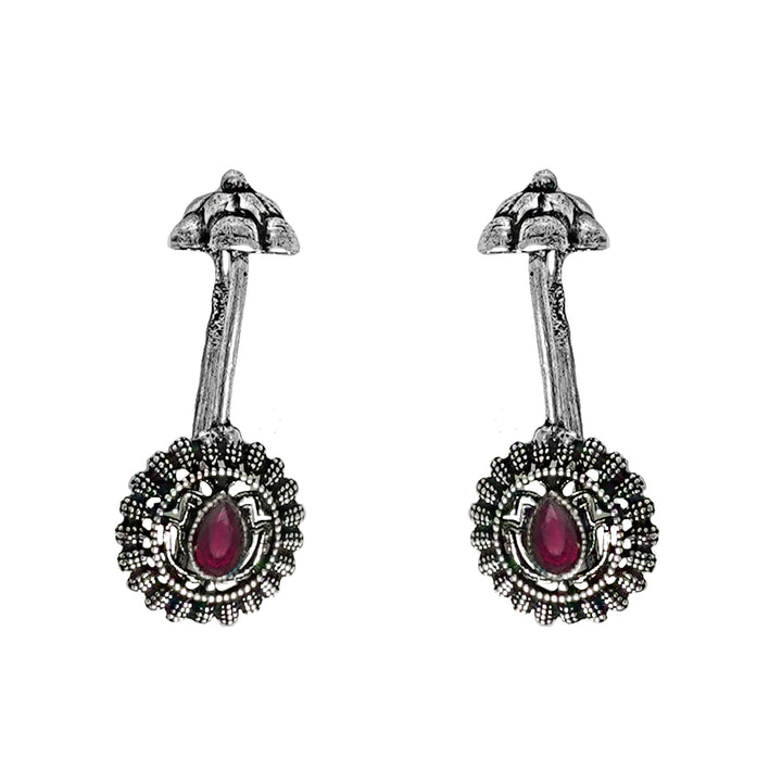 Teejh  Nitara Red Stone Silver Oxidised Clip On Bugadi