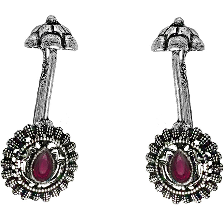 Teejh  Nitara Red Stone Silver Oxidised Clip On Bugadi