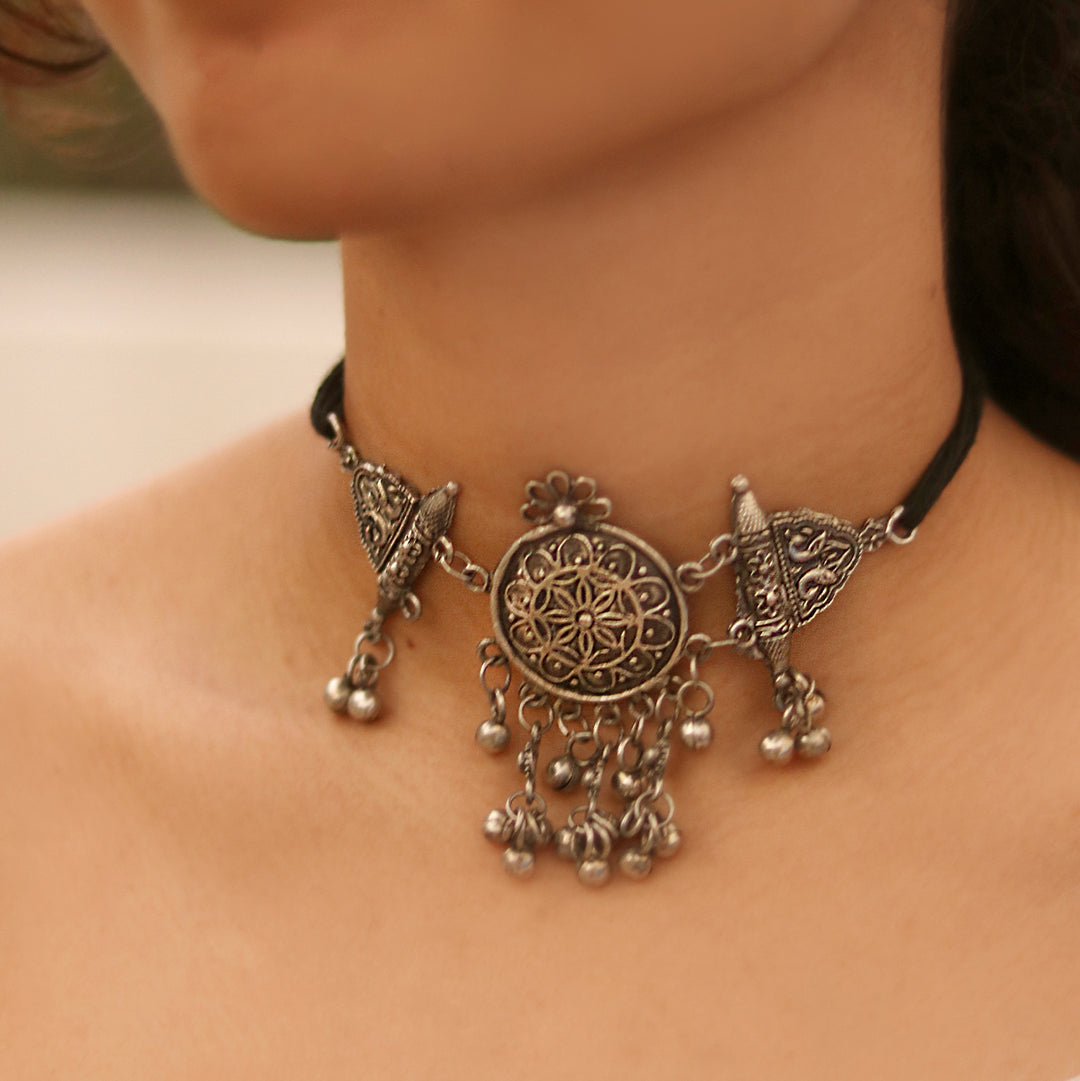 Teejh Amrita Silver Oxidised Choker Necklace
