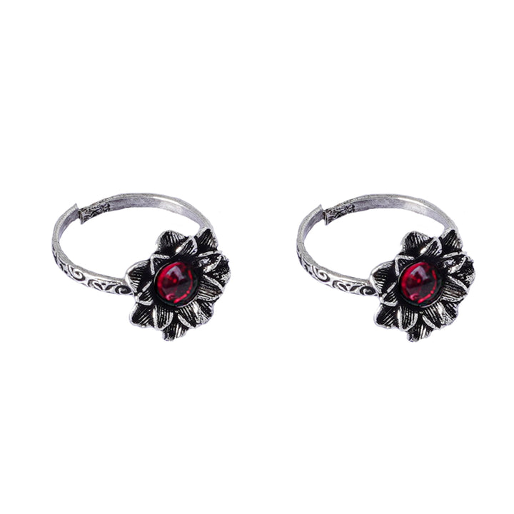 Teejh Kayra Red Stone Silver Oxidised Toe Rings