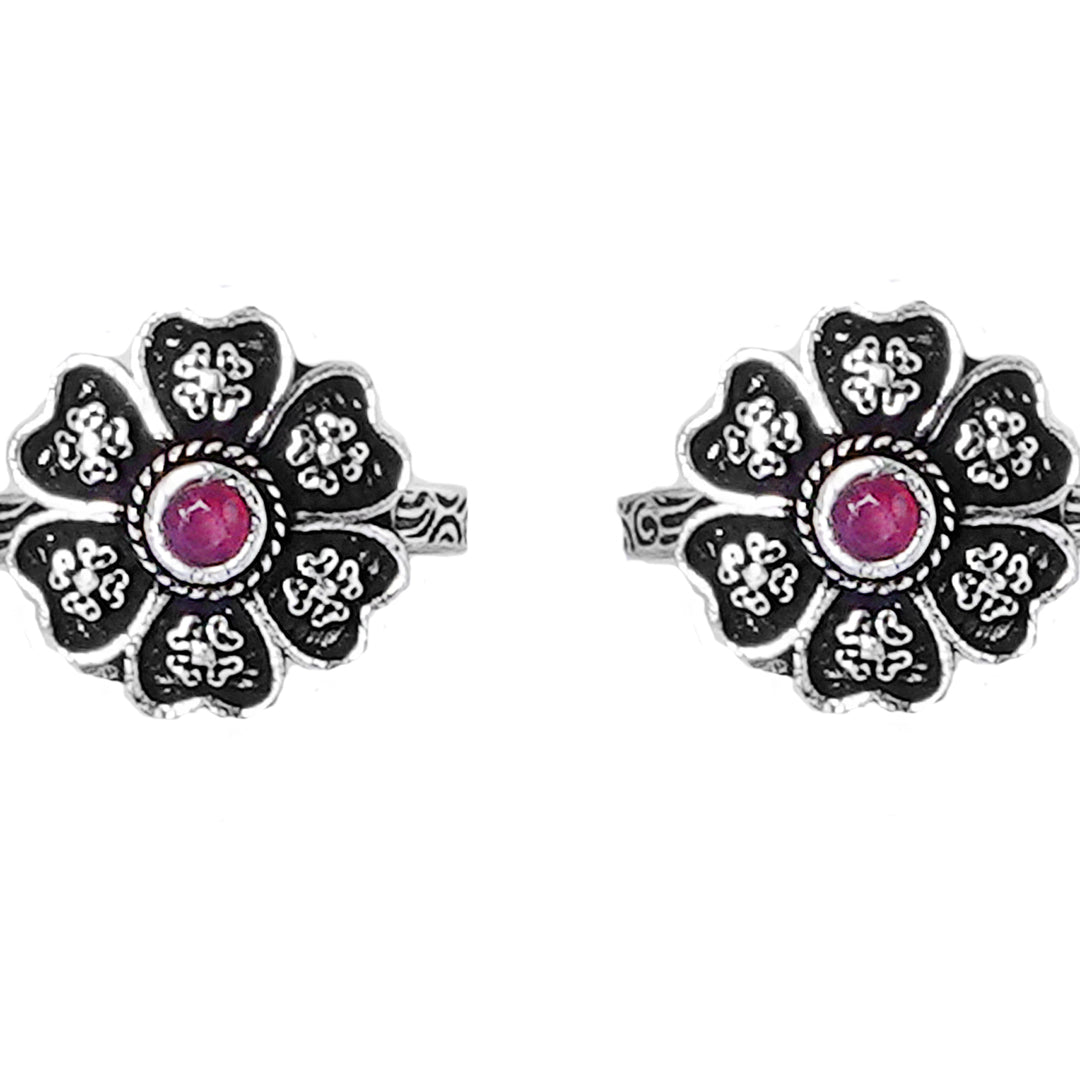 Teejh Ruhi Pink Stone Silver Oxidised Toe Rings