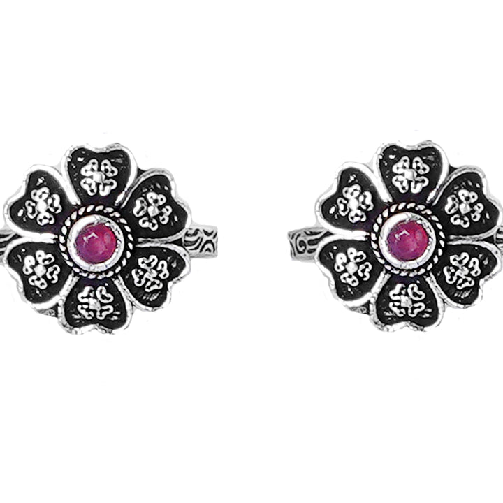 Teejh Ruhi Pink Stone Silver Oxidised Toe Rings