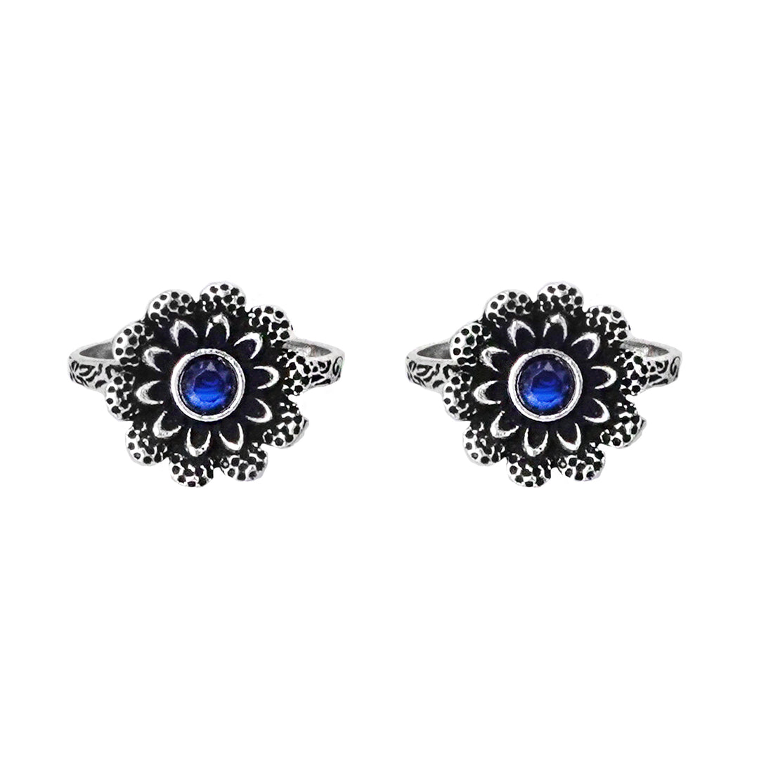 Teejh Tishya Dark Blue Stone Silver Oxidised Toe Rings