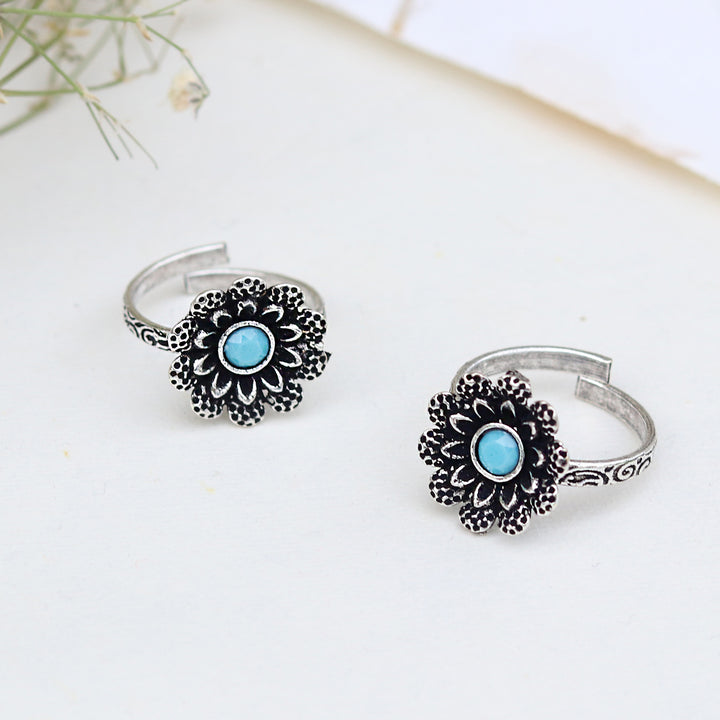 Teejh Tishya Light Blue Stone Silver Oxidised Toe Rings