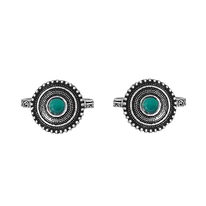 Teejh Shaanvi Green Stone Silver Oxidised Toe Rings