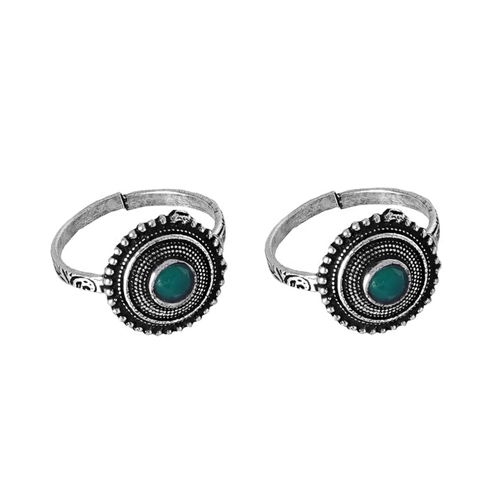 Teejh Shaanvi Green Stone Silver Oxidised Toe Rings