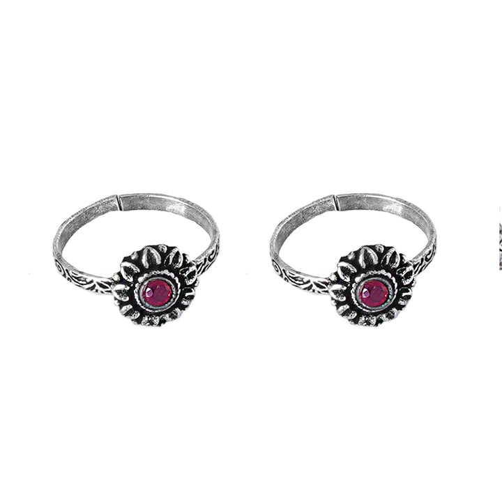 Teejh Kaina Red Stone Silver Oxidised Toe Rings