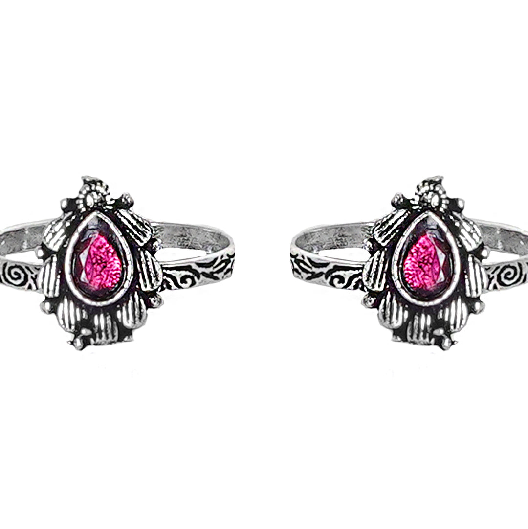 Teejh Pravya Pink Stone Silver Oxidised Toe Rings