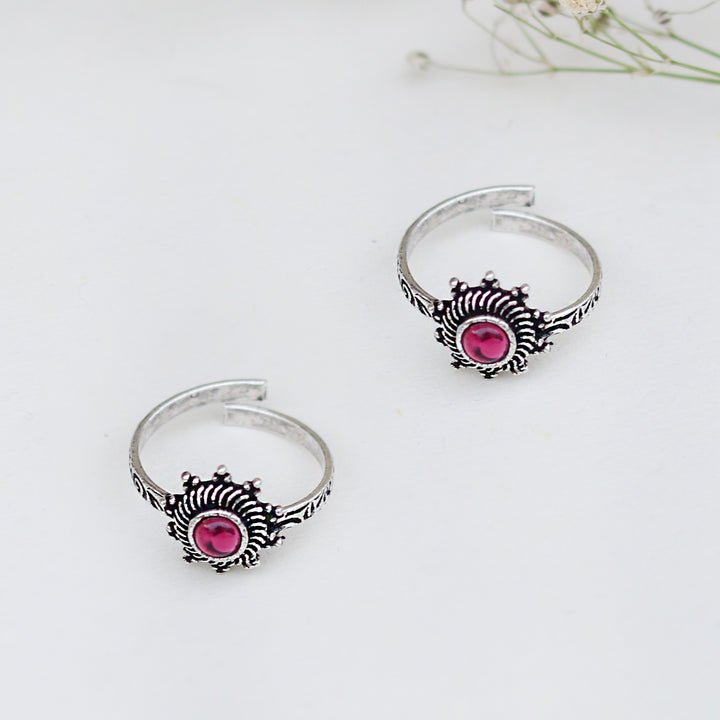 Teejh Rishika Pink Stone Silver Oxidised Toe Rings