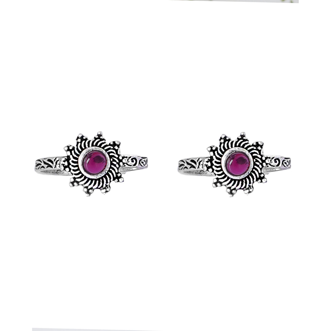Teejh Rishika Pink Stone Silver Oxidised Toe Rings