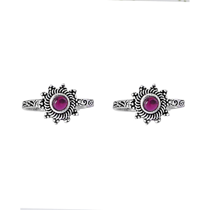 Teejh Rishika Pink Stone Silver Oxidised Toe Rings