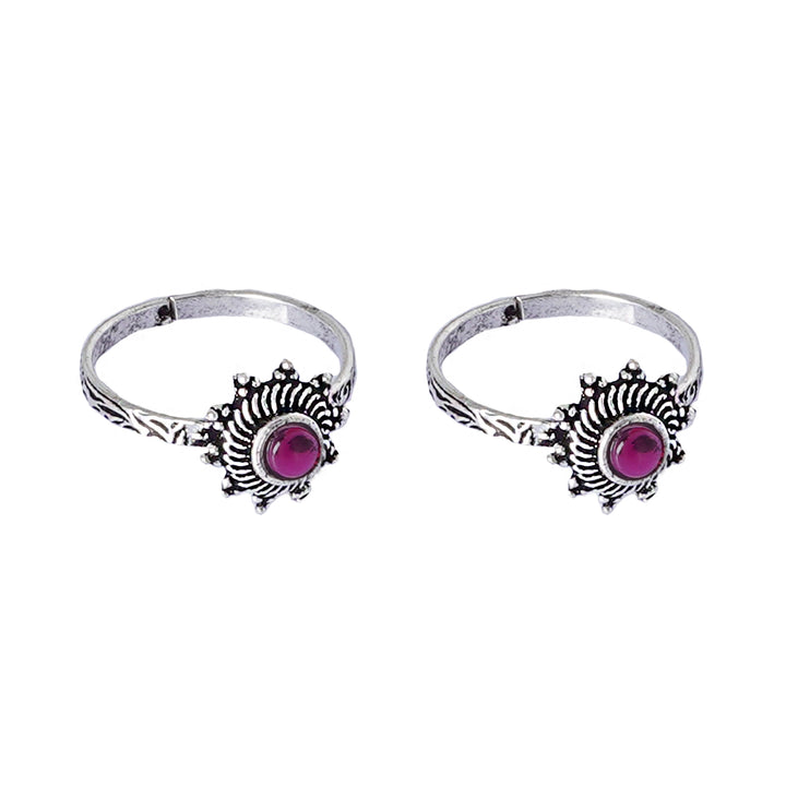 Teejh Rishika Pink Stone Silver Oxidised Toe Rings