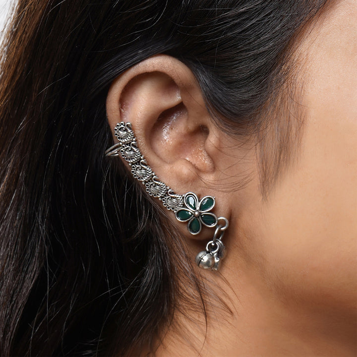 Teejh Viha Silver Oxidised Green Floral Earcuff