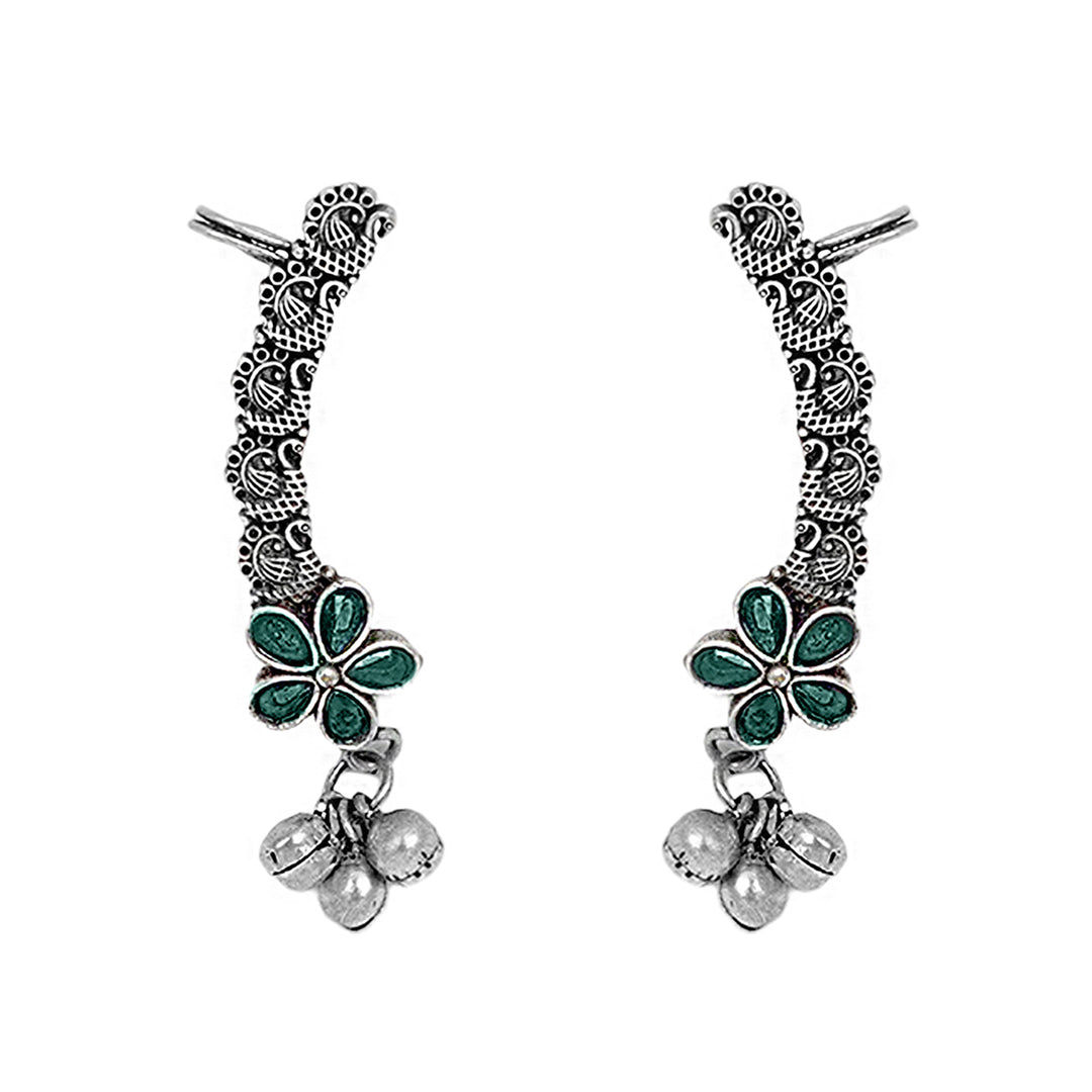 Teejh Viha Silver Oxidised Green Floral Earcuff