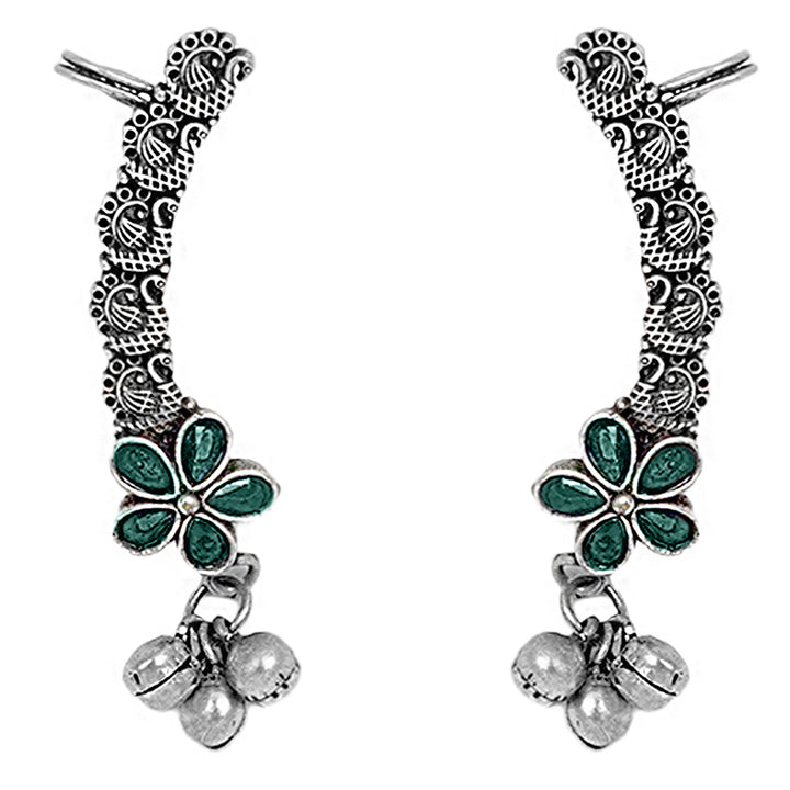 Teejh Viha Silver Oxidised Green Floral Earcuff