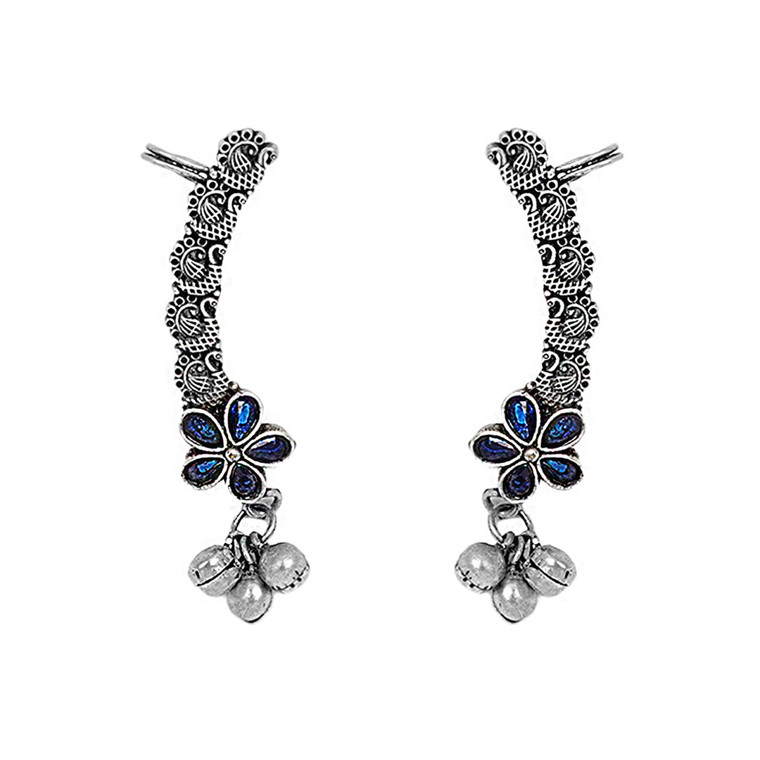 Teejh Viha Silver Oxidised Blue  Floral Earcuff