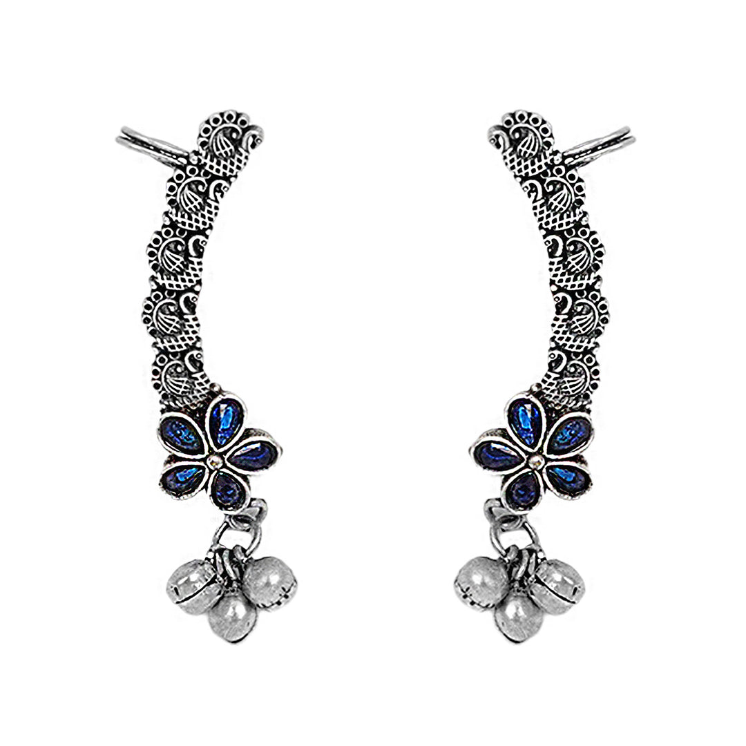 Teejh Viha Silver Oxidised Blue  Floral Earcuff