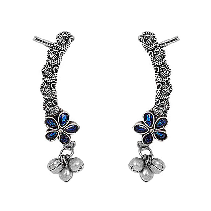 Teejh Viha Silver Oxidised Blue  Floral Earcuff