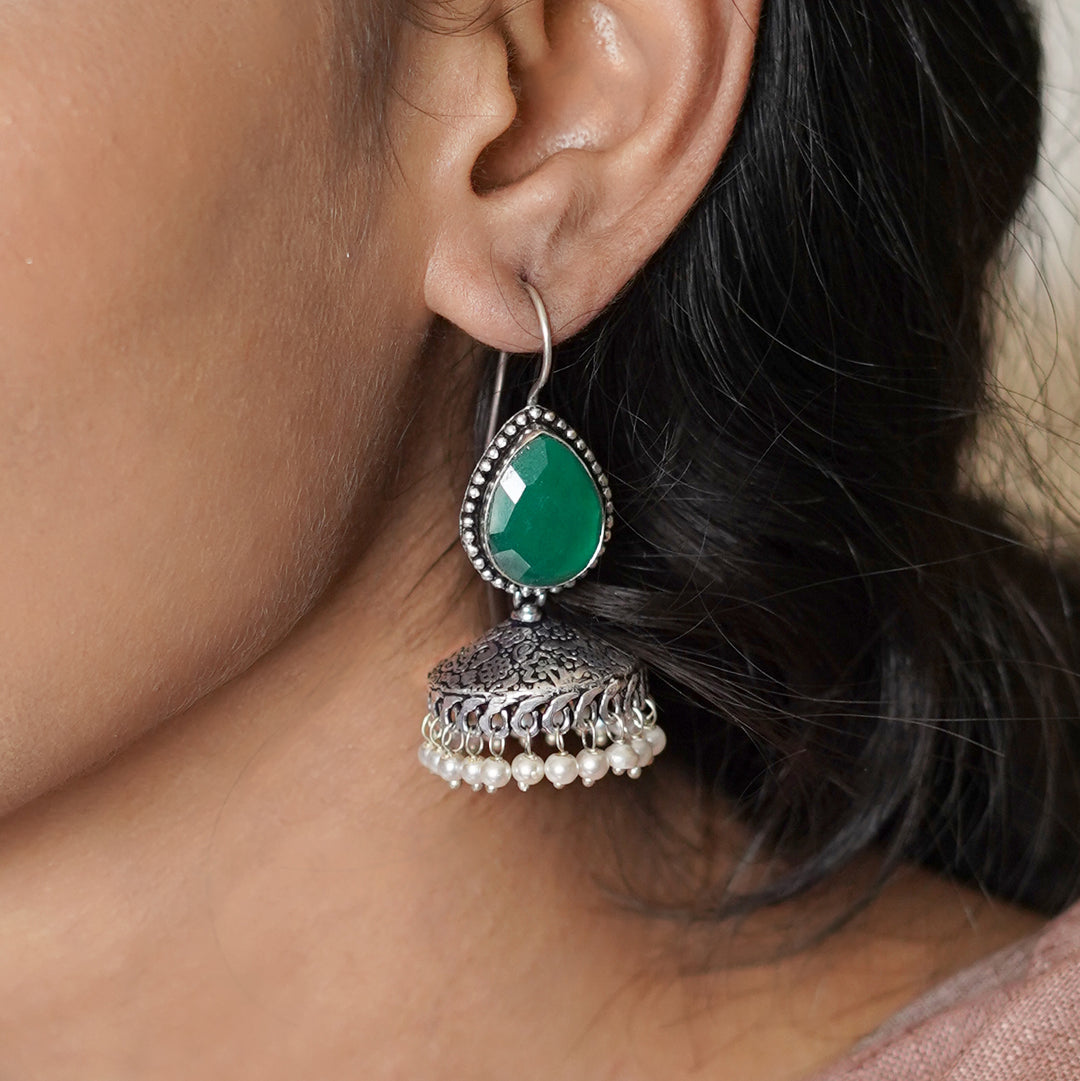 Teejh Sahasra Green Stone Silver Oxidised Earrings