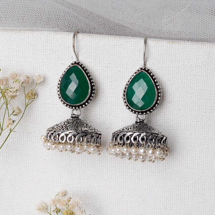 Teejh Sahasra Green Stone Silver Oxidised Earrings